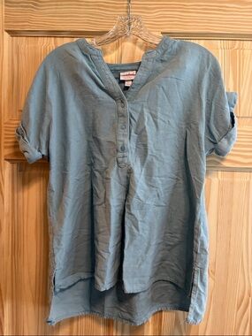 3 for $16! Isabel Maternity Light Blue Button Henley Tunic Top